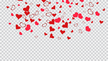 Red on Transparent background Vector. Part of the design of wallpaper, textiles, packaging, printing, holiday invitation for Valentine's Day. Spring background. Red hearts of confetti crumbled.