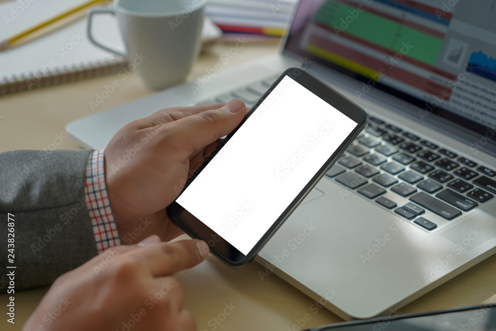 Poster mock up using laptop with blank screen computer modern