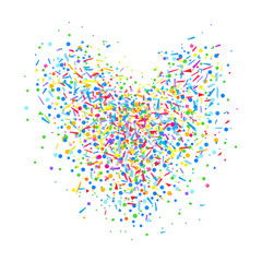Heart from confetti on isolated white. Holiday colorful background from geometric elements. Festive pattern for banners, posters and flyers. Greeting cards. Doodle for design and business