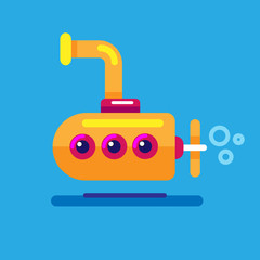   Vector illustration yellow submarine floating under sea water isolated on blue background.  Flat design. 