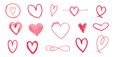 Colorful hearts on isolated white background. Hand drawn set of love signs. Unique abstract image for design. Line art creation. Colored illustration. Elements for poster or flyer