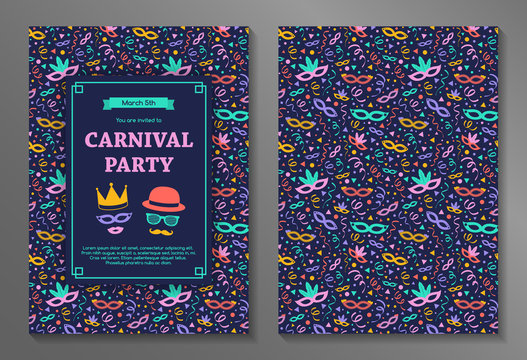 Carnival Party invitation with colorful background. Two sided card. Vector