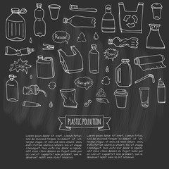 Hand drawn doodle Stop plastic pollution icons set Vector illustration sketchy symbols collection Cartoon concept elements Bag Bottle Recycle sign Package Disposal waste Contamination disposable dish