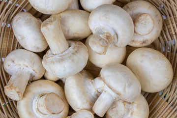 Fresh raw mushroom a wooden basket closeup top view