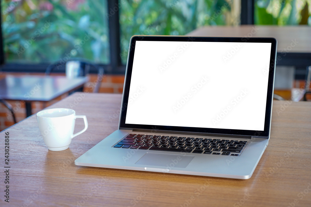 Poster mock up using laptop with blank screen computer modern