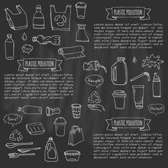Hand drawn doodle Stop plastic pollution icons set Vector illustration sketchy symbols collection Cartoon concept elements Bag Bottle Recycle sign Package Disposal waste Contamination disposable dish