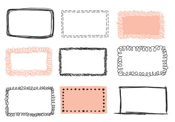Set Hand drawn scribble frame isolated on white. Doodle frames style sketches. Shaded and hatched badges. Monochrome vector design elements. 