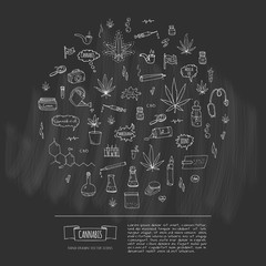 Hand drawn doodle Cannabis icons set Vector illustration sketchy symbols collection Cartoon concept elements Marijuana, Bag, Medical Use, Leaf, Drug, Legalization, CBD chemical formula, pipe, joint