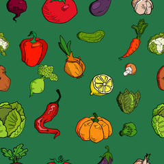 Hand drawn vegetables seamless pattern. Healthy food vector background