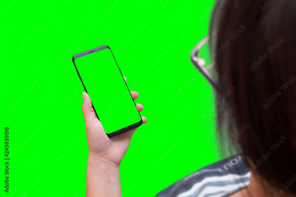 Poster phone mockup for app presentation. isolated screen and background in green, chroma key for video edi