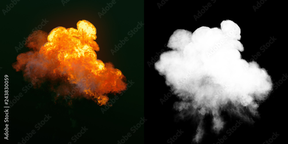 Poster Large explosion with black smoke in dark plus alpha channel. 3d rendering