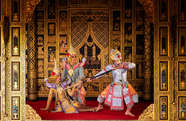 Art culture Thailand Dancing in masked khon in literature ramayana,Thai classical monkey masked,...