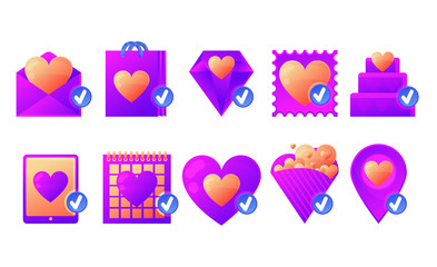Trend color icons for website design, posters, booklets, Valentine's sale flyers. Happy Valentine's Day set icon letter, message, bouquet, heart, diamond, geolocation, gift, calendar, cake.