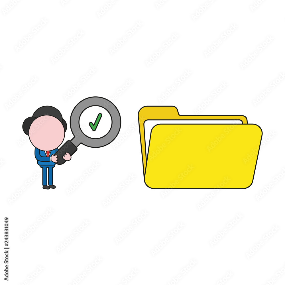 Poster vector businessman character holding magnifying glass with check mark and looking open file folder. 
