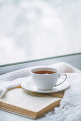 Warm knitted scarf, a cup of hot tea and a book