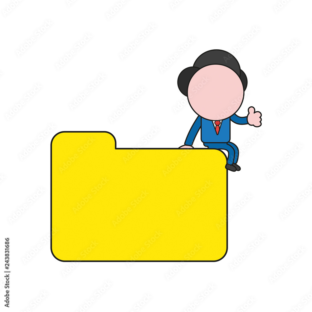 Poster vector businessman character sitting on closed file folder and showing thumbs up. color and black ou