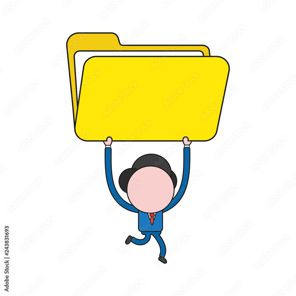 Poster vector businessman character running and carrying oepn file folder. color and black outlines.