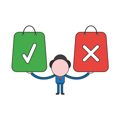 Vector businessman character holding green and red shopping bags with check and x marks. Color and black outlines.