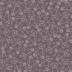 Cute Teddy bear seamless pattern. Soft toy Teddy bear and hearts pattern. Vector illustration.