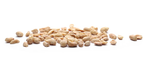 Salted and marinated peanuts, pile isolated on white