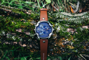 Big elegant men's watch is lying on the tree with green moss outdoors. Stylish fashion accessories...