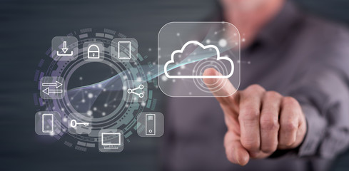Man touching a cloud computing concept