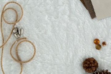 Thread and pine cone on white background
