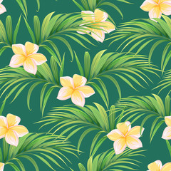 Fototapeta na wymiar pattern with palm leaves and tropical flowers