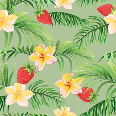 Deurstickers tropical pattern with palm leaves, flowers and strawberries © Hmarka