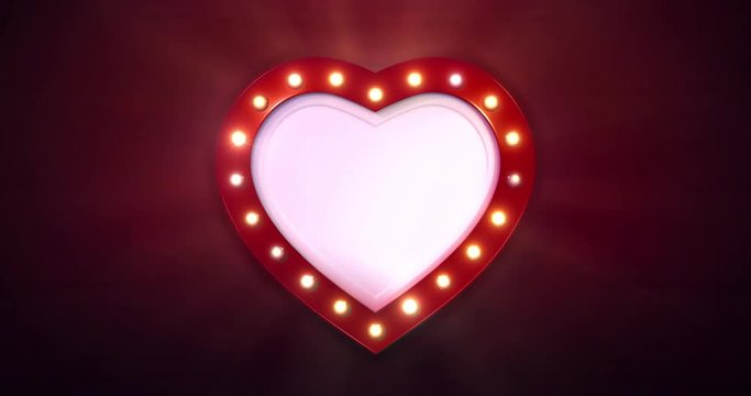 red heart shape border with blinking light bulbs on dark background, heart advertisement 4k animation loop with white blank copy space