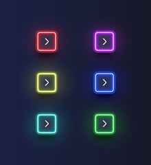 Colorful neon 'next' button set wih an arrow for websites or online usage, vector illustration