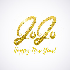2020 hand drawn calligraphy. Happy New Year card. Golden glitter numbers on a white background.