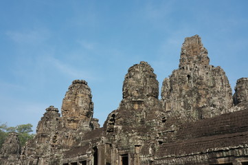 Siem Reap,Cambodia-Januay 11, 2019: Bodhisattva face towers viewed near the east gate of Bayon, Angkor Thom, Siem Reap
