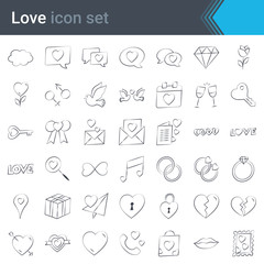 Handmade stroke vector love icons isolated on white background. Love is in the air - modern sketchy style heart icons collection. Valentines day, Mothers day, wedding, love and romantic events. Vector