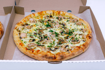 Two pizzas in a cardboard box on a light background. Top view. Pizza delivery. Pizza menu. Pizza on the kitchen table.