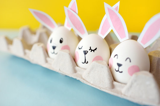 Eggs with ears of rabbits, in an image of rabbits