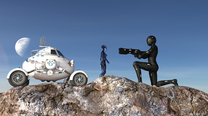 Illustration of a futuristic female soldier kneeling on a mountaintop pointing a weapon at a small alien with a four wheel buggy behind the extraterrestrial.