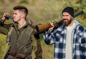 Hunters brutal poachers. Poacher partner in crime. Poaching concept. Activity for brutal men....