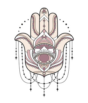 Hamsa icon. Vector illustration is isolated on a white background. Esoteric protective amulet hand of Fatima. Decorative element with east motives for design