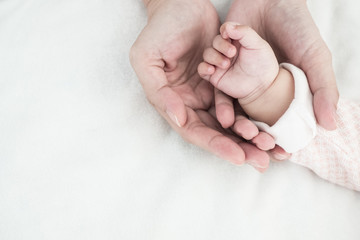 Baby new born hand in mother hand : Concept of love, Take Care, Protecting