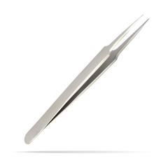Dental straight surgical tweezers with thin working part. Medical instrument and equipment. Isolated object. Vector illustrations.