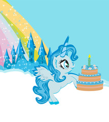 Card with a cute unicorn and birthday cake