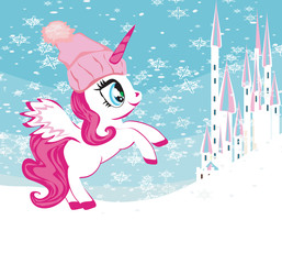 Beautiful unicorn and fairy-tale princess castle in winter © diavolessa