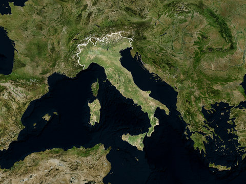 Satellite image of Italy with borders (Isolated imagery of Italy. Elements of this image furnished by NASA)