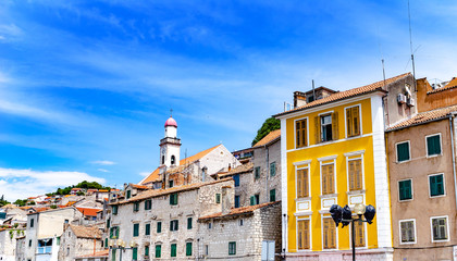 Buildings of the old town in Sibenik, Croatia, on sunny summer day.