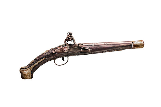 Antique Gun Or Musket On White Background.