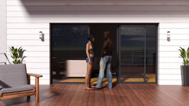 Illustration of a woman talking to a man on an apartment deck with an open sliding glass door beyond the two.