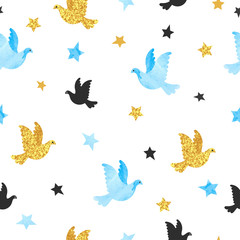 Seamless blue and golden dove pattern.Vector background.