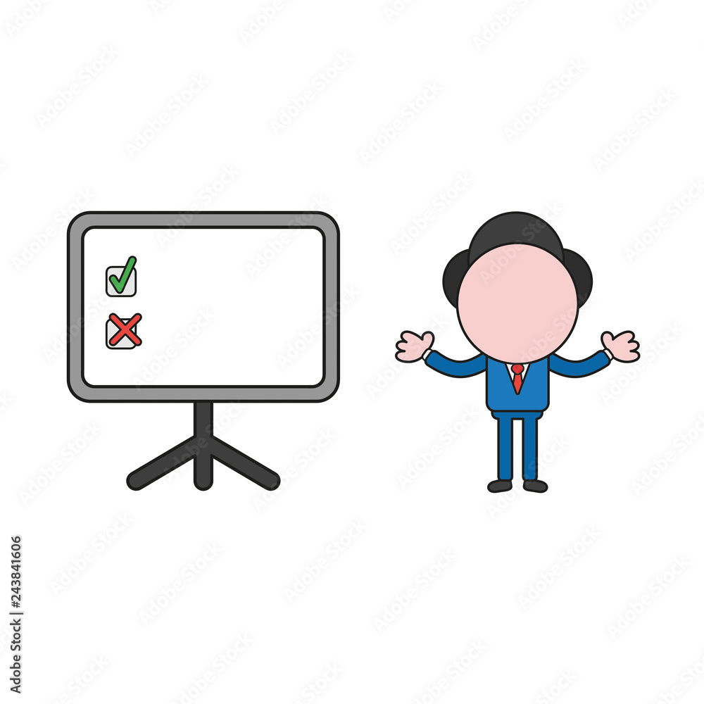 Poster vector businessman character and presentation chart with check and x marks. color and black outlines