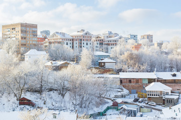 Fototapeta premium Winter view of houses in Nizhny Novgorod